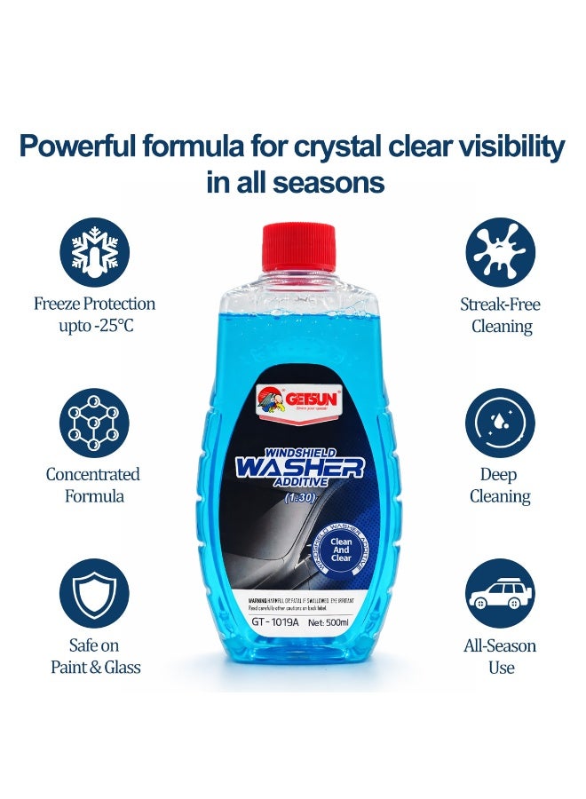 GETSUN Windshield Washer Additive 500ml GT-1019A Concentrated Dilution 30x Car Glass Cleaner Streak Free Bug Dirt Grime Removal Anti Freeze -25C Wiper Protection Hard Water Deposit Prevention All Season Deep Cleaning Safe on Paint and Glass SUV - Image 2